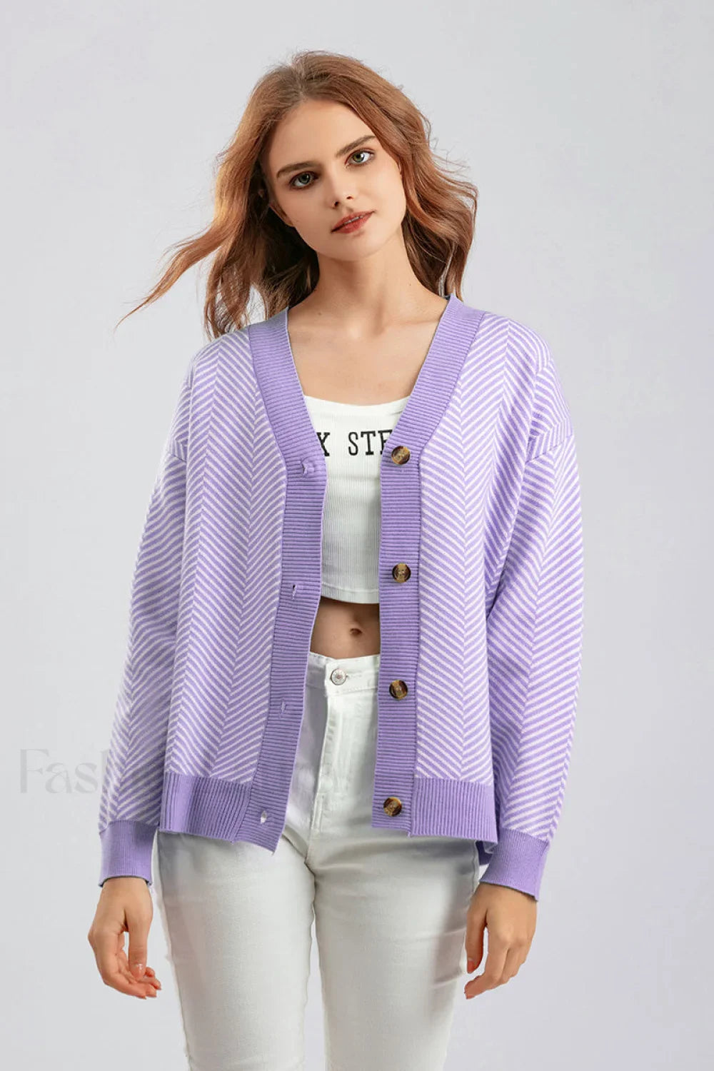 Striped V-Neck Buttoned Knit Sweater