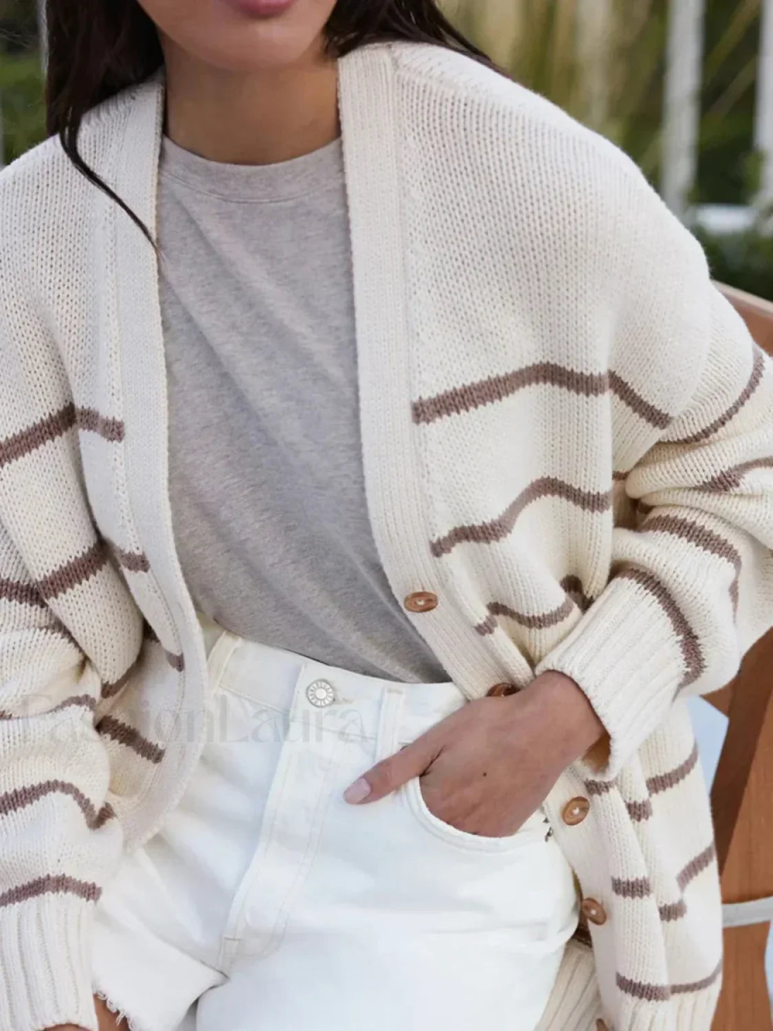 Striped V-Neck Knit Cardigan