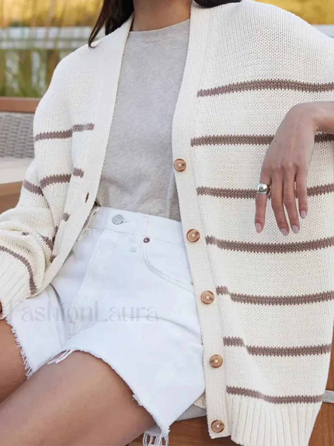 Striped V-Neck Knit Cardigan