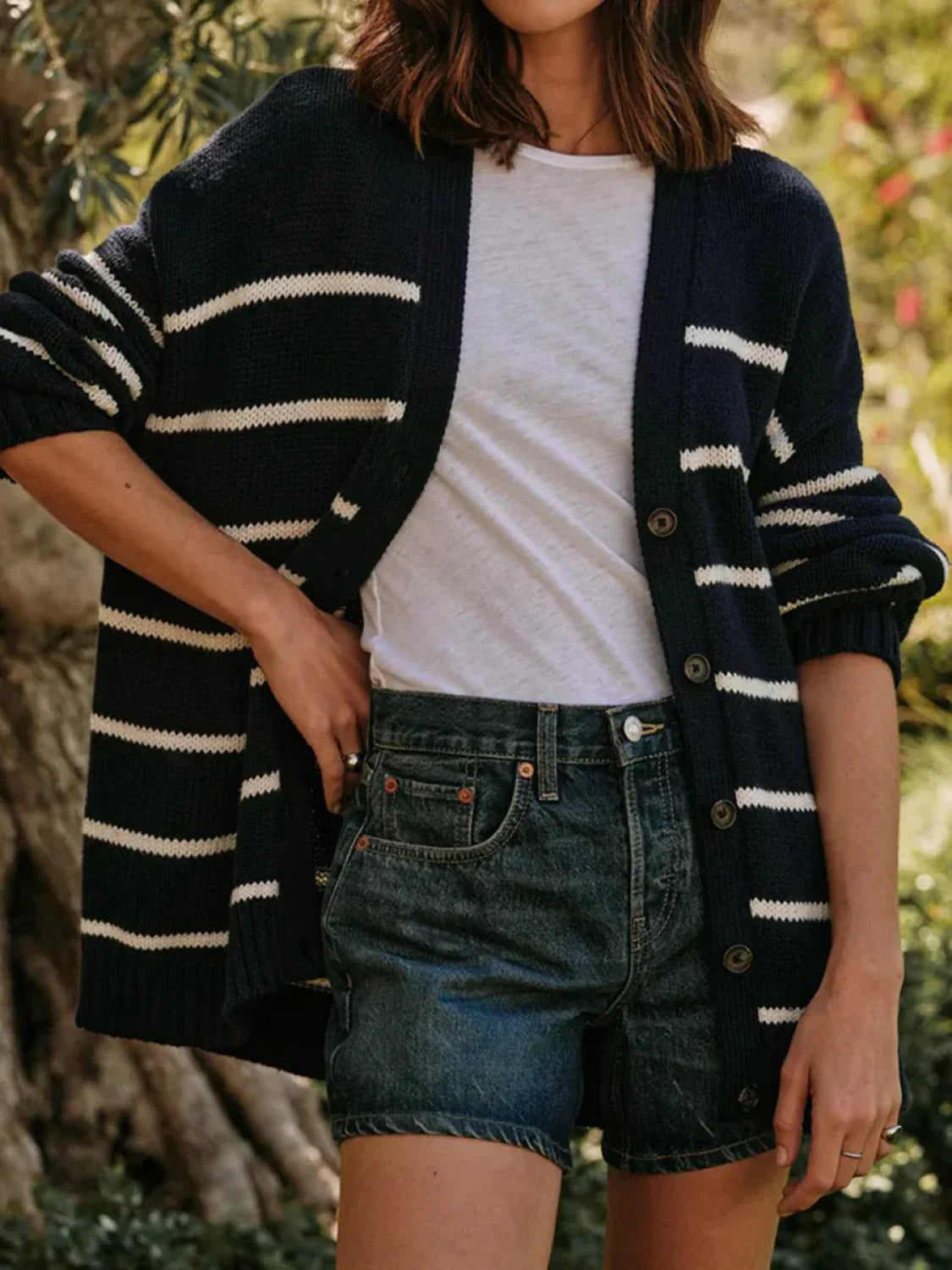 Striped V-Neck Knit Cardigan