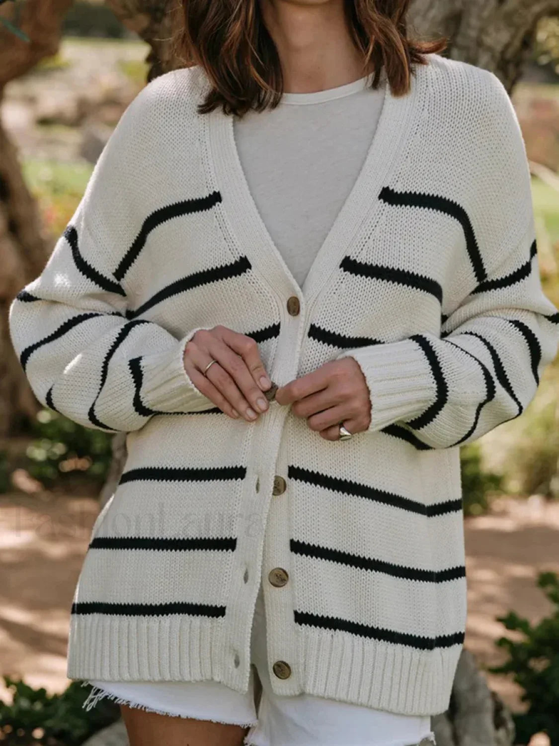 Striped V-Neck Knit Cardigan