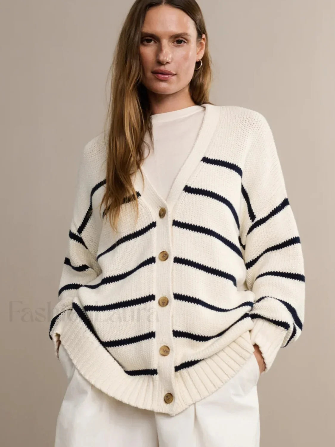 Striped V Neck Knit Cardigan White / S