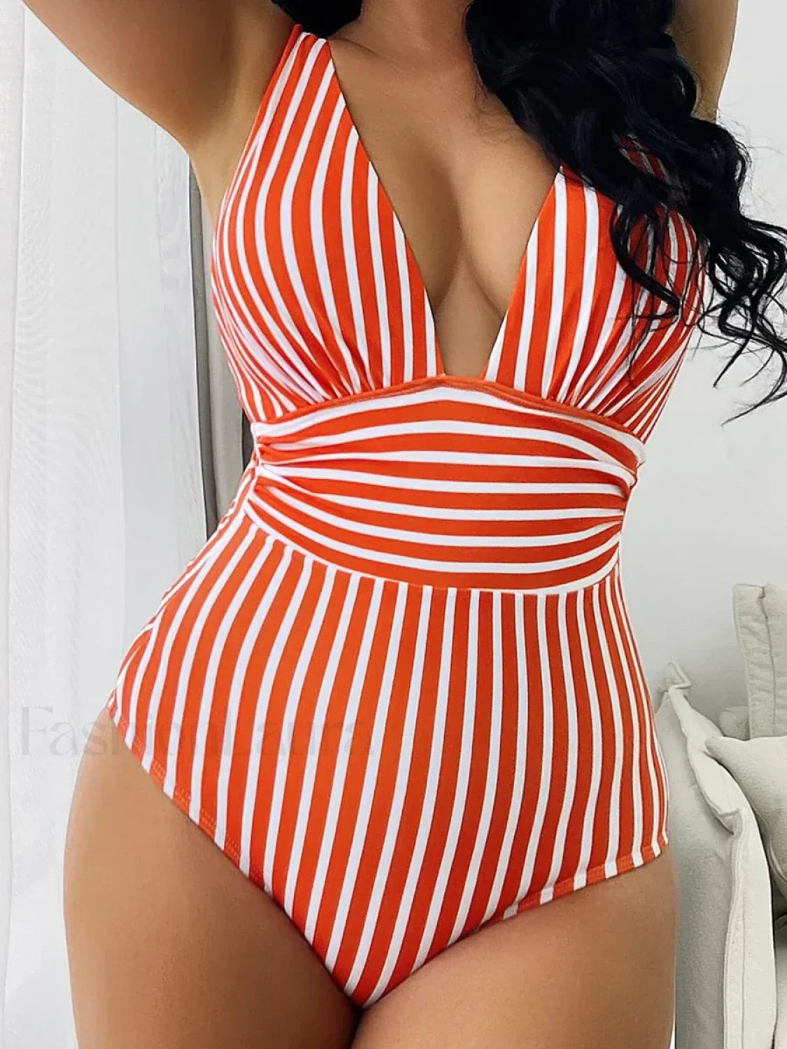 Striped V Neck One Piece red / S