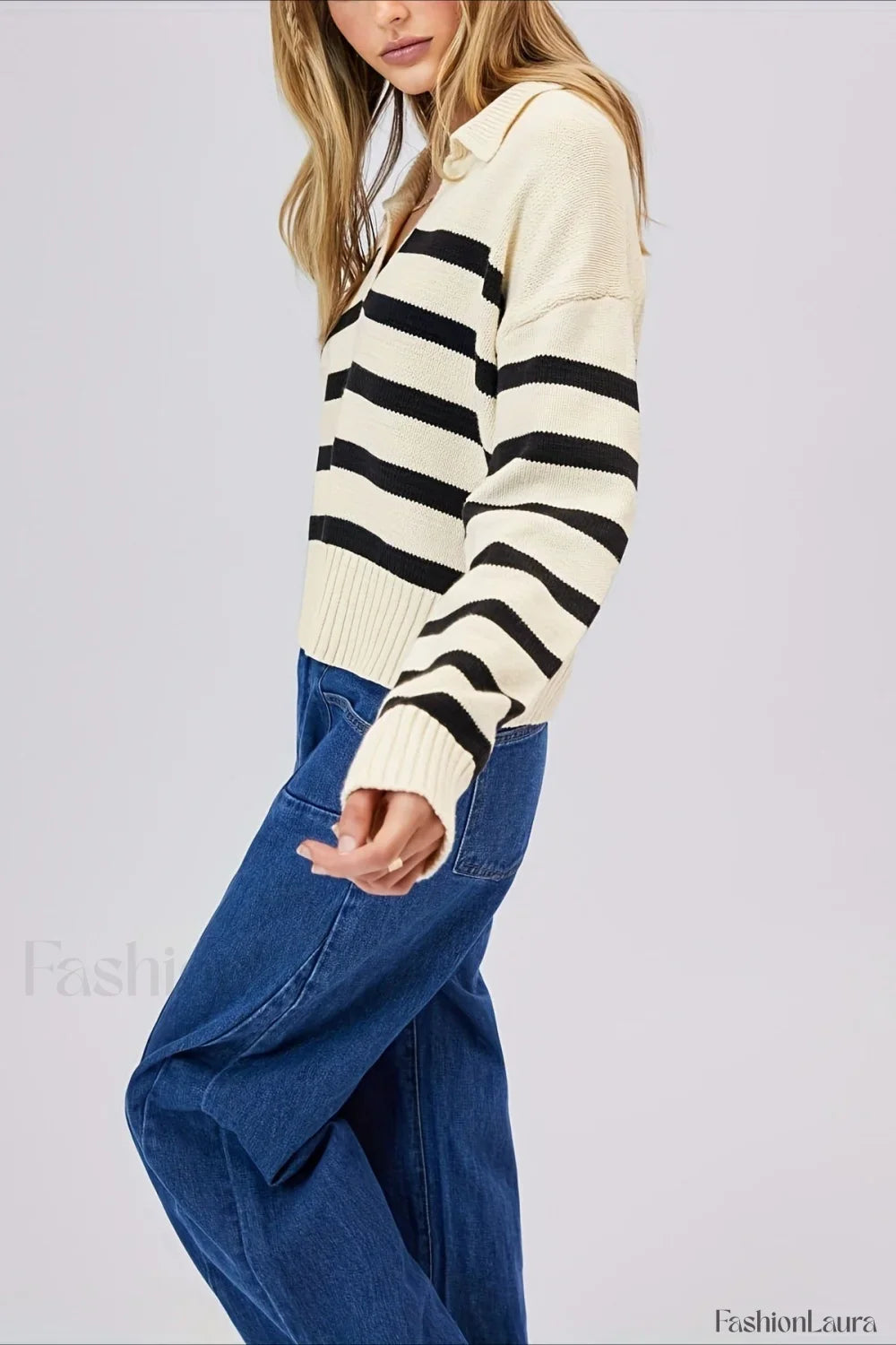 Striped Wool Collar V-Neck Sweater