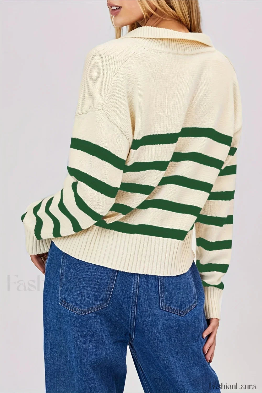Striped Wool Collar V-Neck Sweater