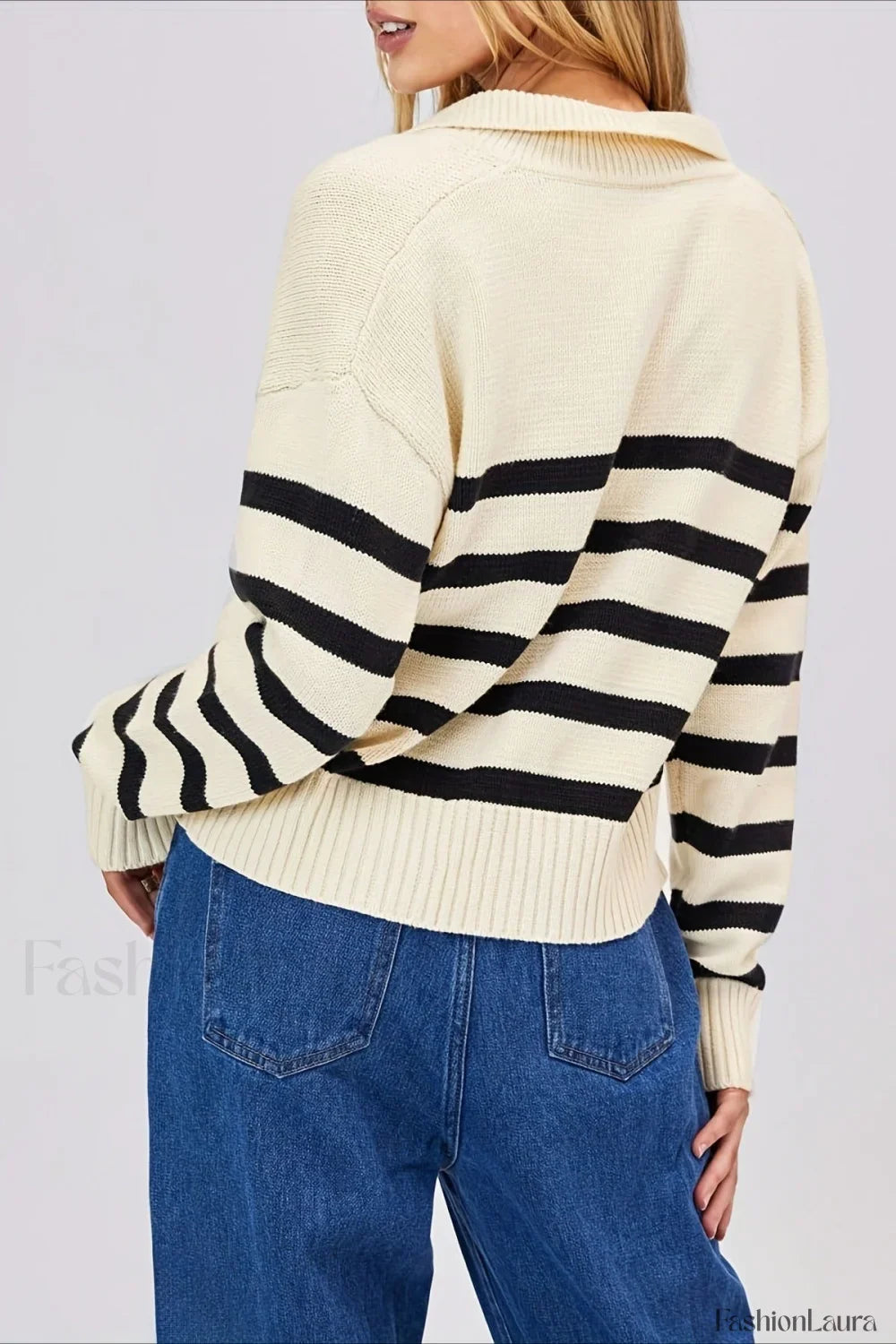 Striped Wool Collar V-Neck Sweater