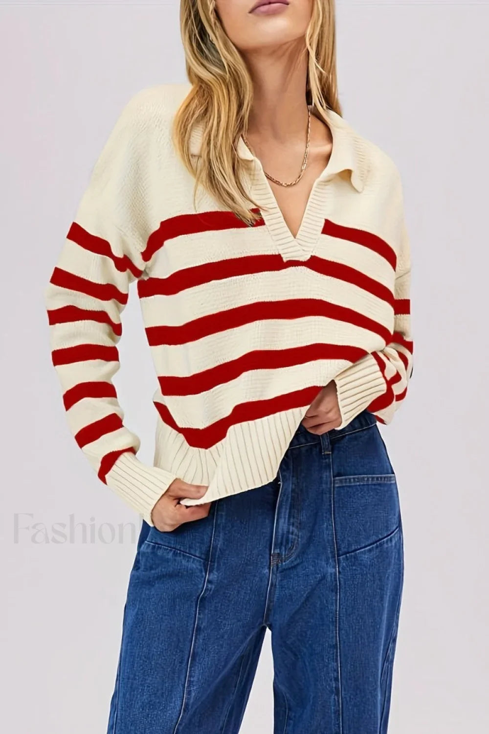 Striped Wool Collar V-Neck Sweater