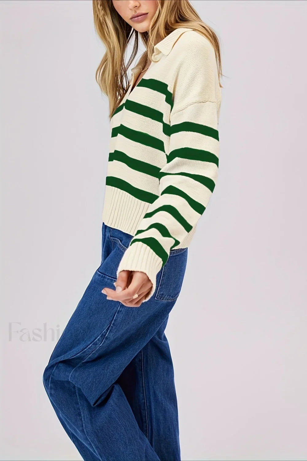 Striped Wool Collar V-Neck Sweater