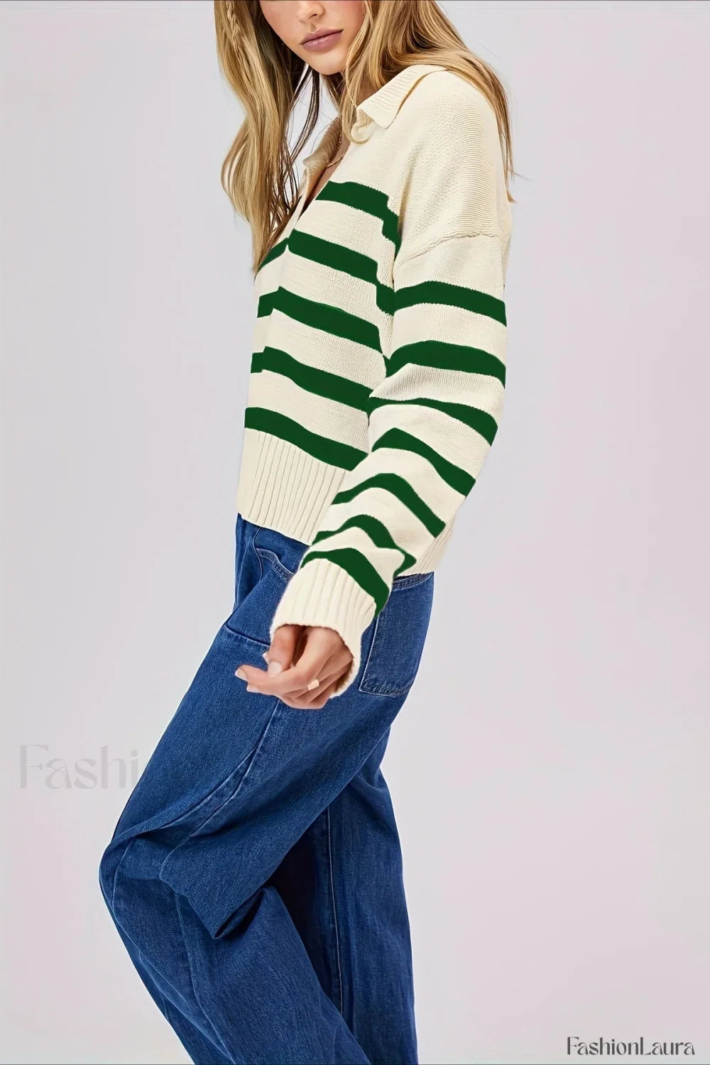 Striped Wool Collar V-Neck Sweater