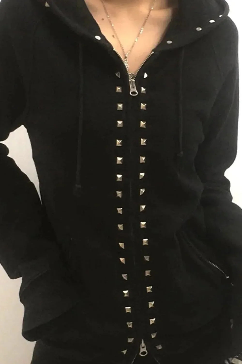 Studded Zipper Gothic Hoodie Black / S