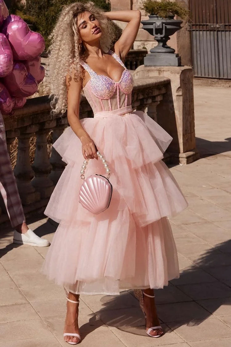 Sequin Sweetheart Corset Tiered Tulle Maxi Dress