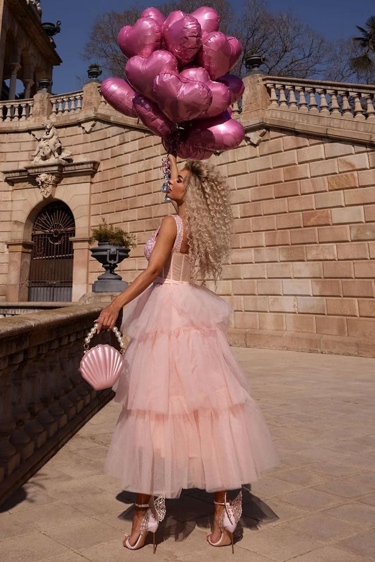 Sequin Sweetheart Corset Tiered Tulle Maxi Dress
