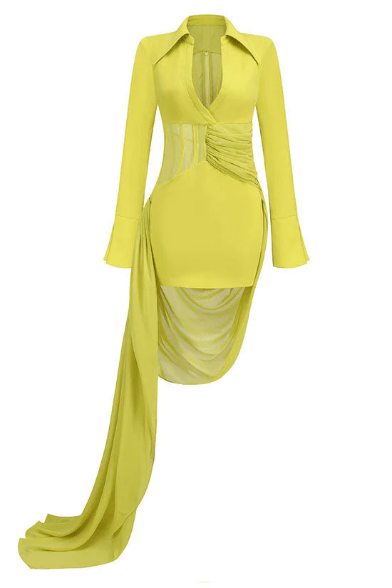 Collared Deep V-Neck Long Sleeve Corset Bodycon Mini Dress