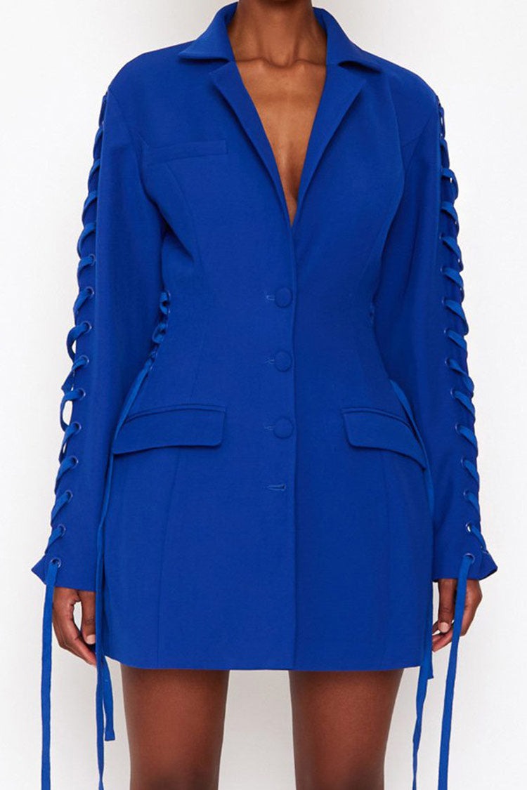 Lapel Long Sleeve Lace Up Side Button Front Blazer Mini Dress 3