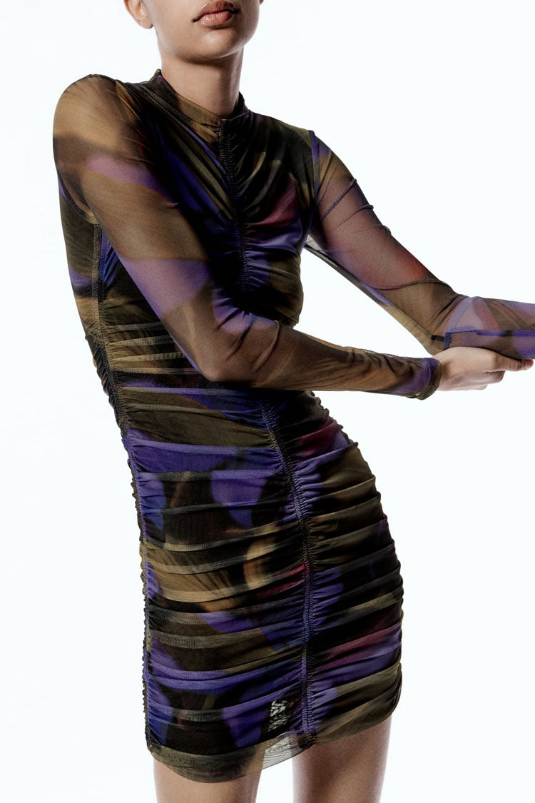 High Neck Long Sleeve Mesh Ruched Bodycon Mini Dress