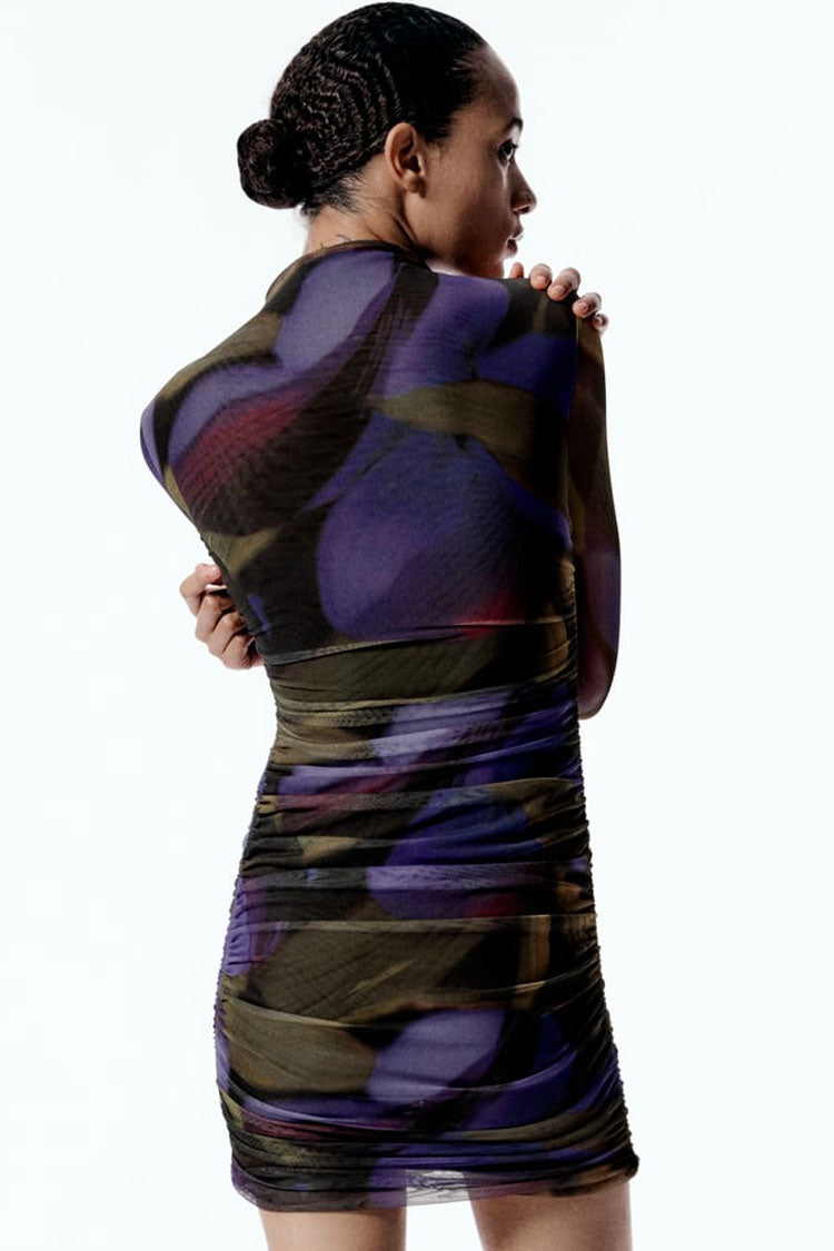 High Neck Long Sleeve Mesh Ruched Bodycon Mini Dress