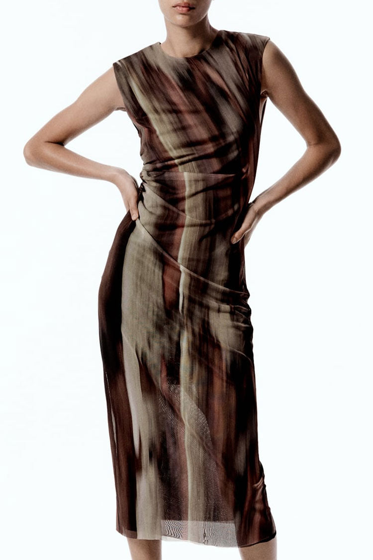 Print Mesh Ruched Sleeveless Bodycon Midi Dress