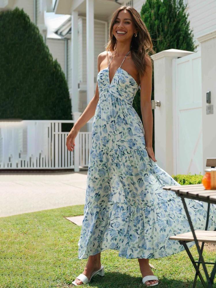 Floral Halter Neck Ruched Tiered Maxi Summer Dress