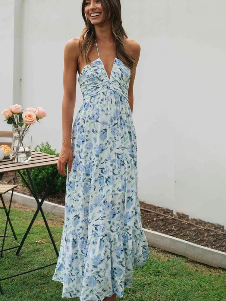 Floral Halter Neck Ruched Tiered Maxi Summer Dress