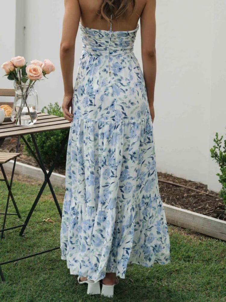 Floral Halter Neck Ruched Tiered Maxi Summer Dress