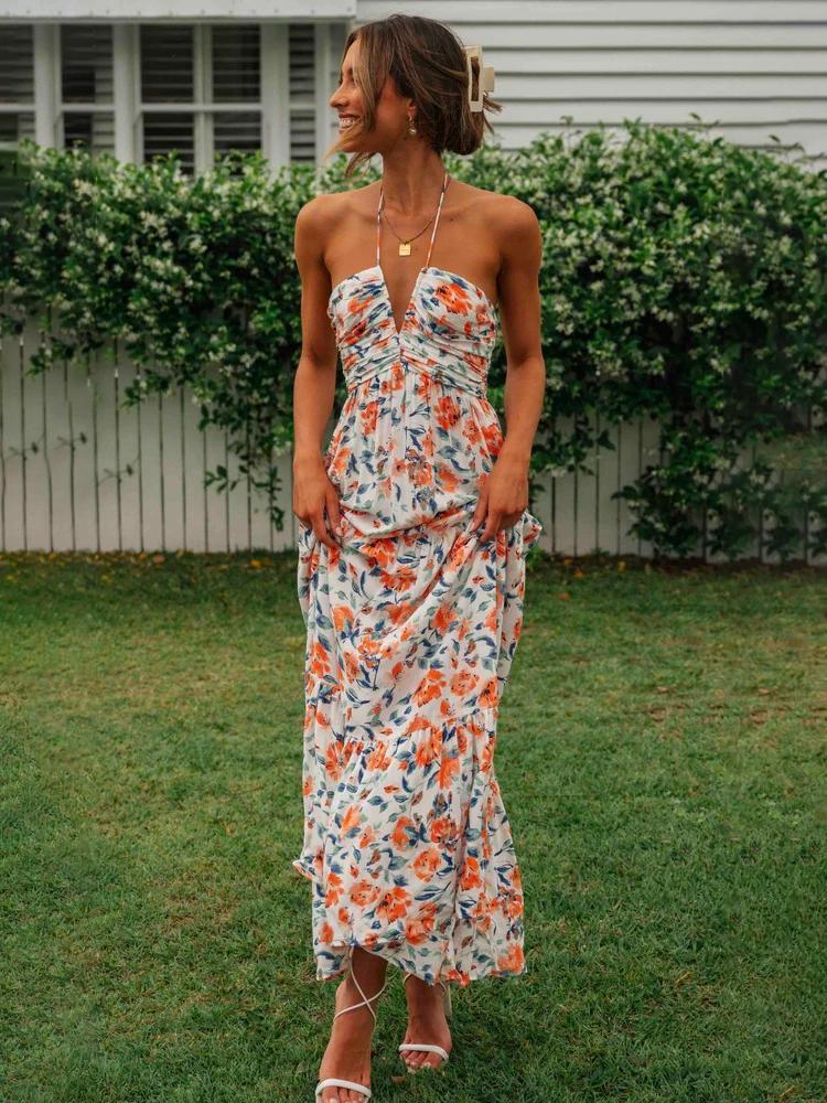 Floral Halter Neck Ruched Tiered Maxi Summer Dress
