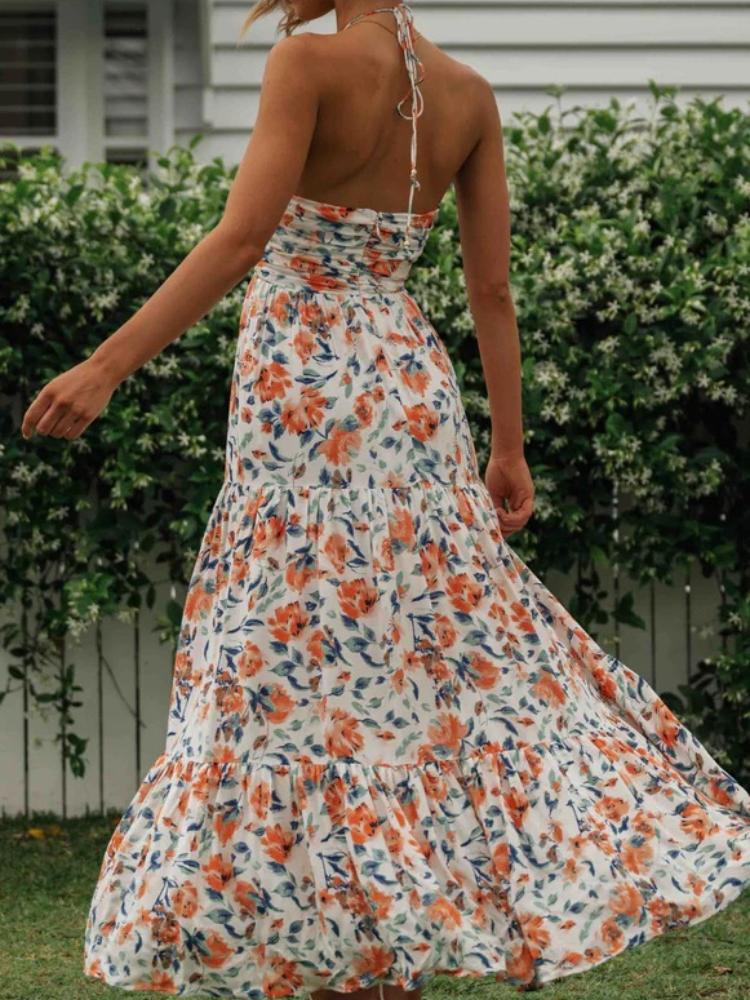 Floral Halter Neck Ruched Tiered Maxi Summer Dress