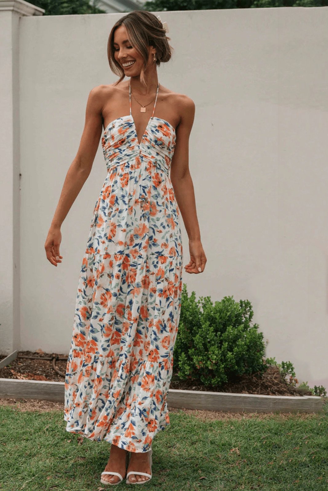 Floral Halter Neck Ruched Tiered Maxi Summer Dress
