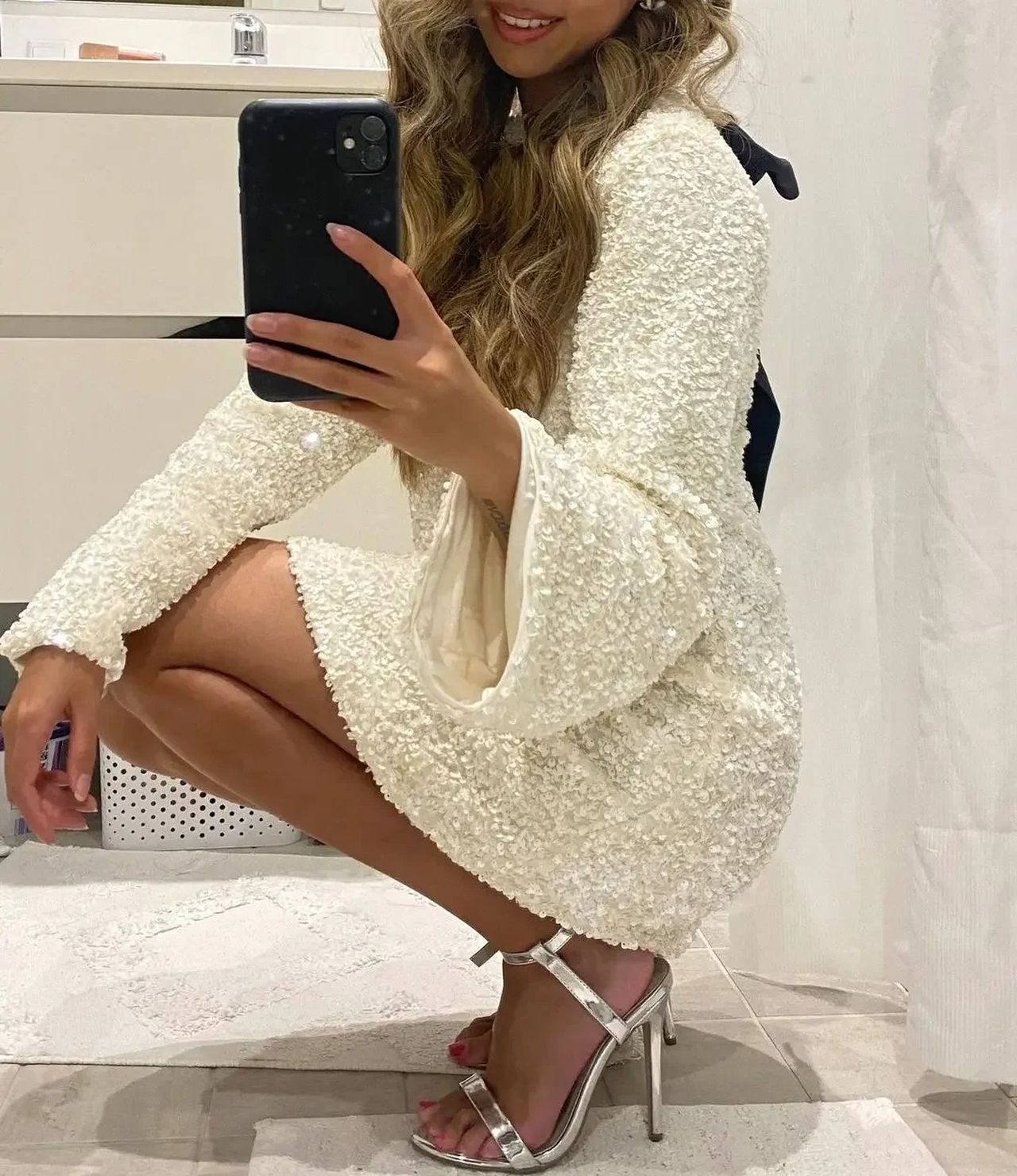 Sequin Crew Neck Bell Sleeve Shift Mini Dress