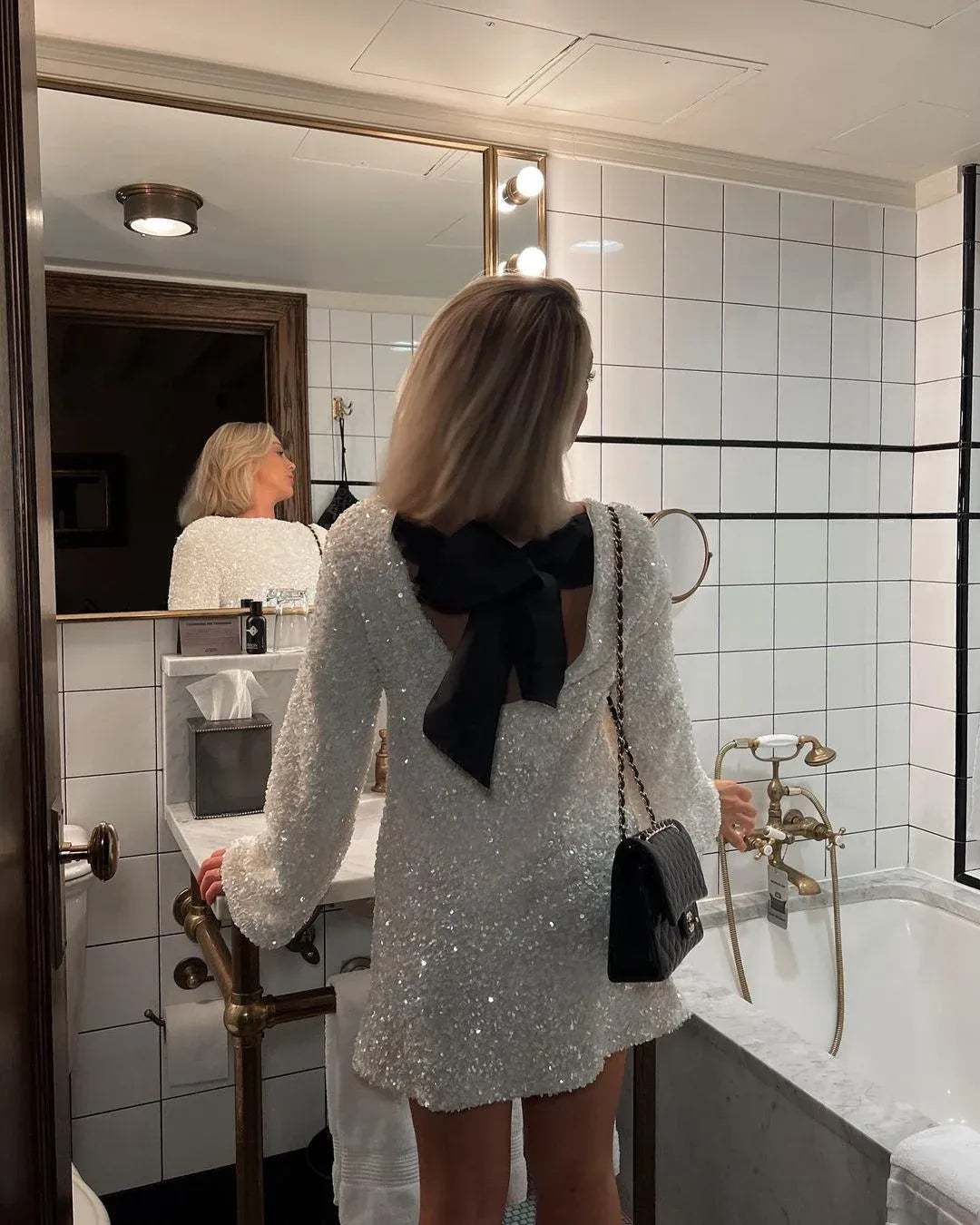 Sequin Crew Neck Bell Sleeve Shift Mini Dress