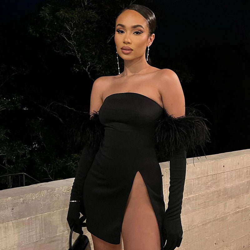 Strapless High Split Bodycon Party Mini Dress with Feather Trim Gloves 3