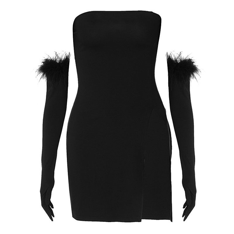 Strapless High Split Bodycon Party Mini Dress with Feather Trim Gloves 6