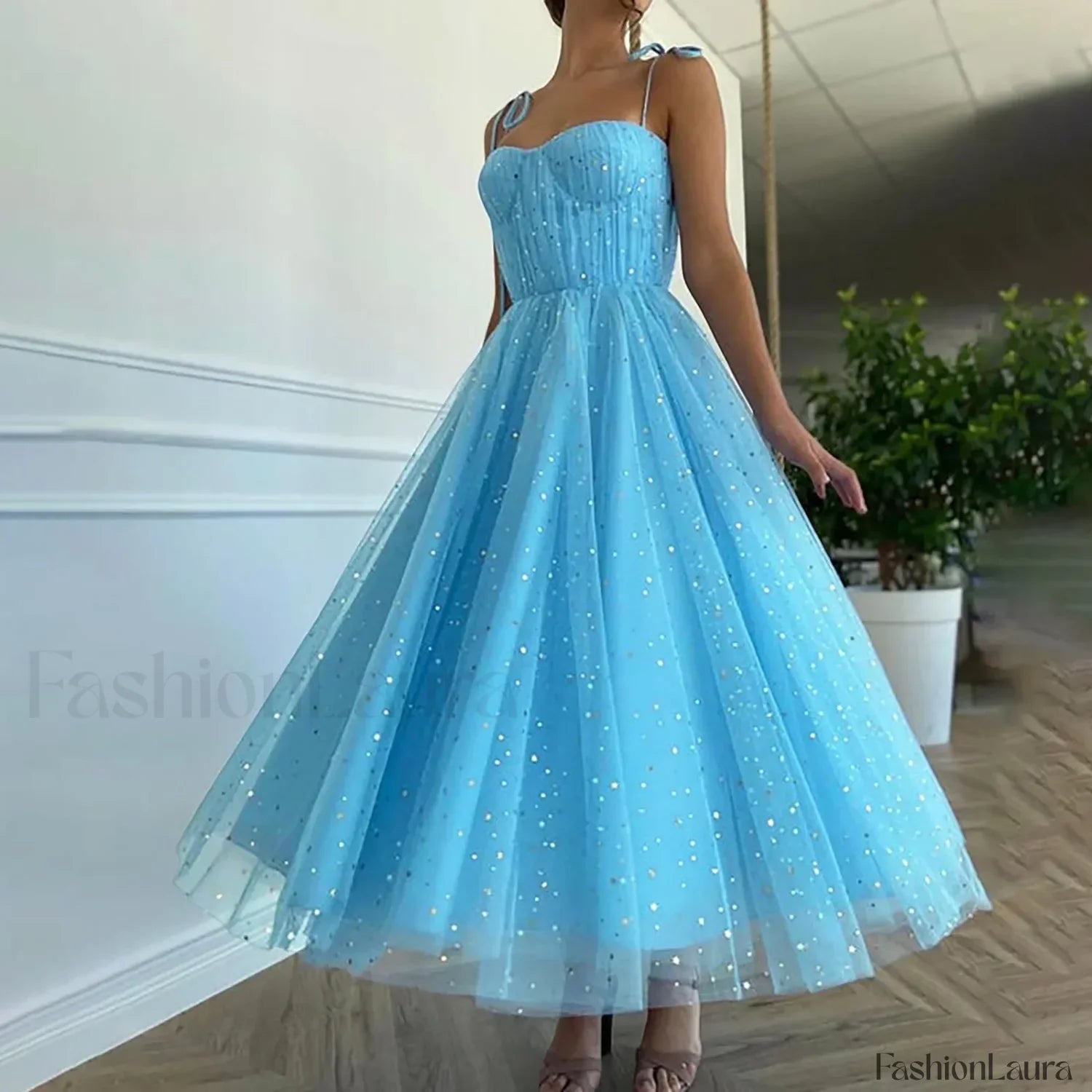 Summer Bling Stars Sequin Vintage V Neck Sexy Mesh Spaghetti Strap Tulle Vestidos Mujer Prom Dress