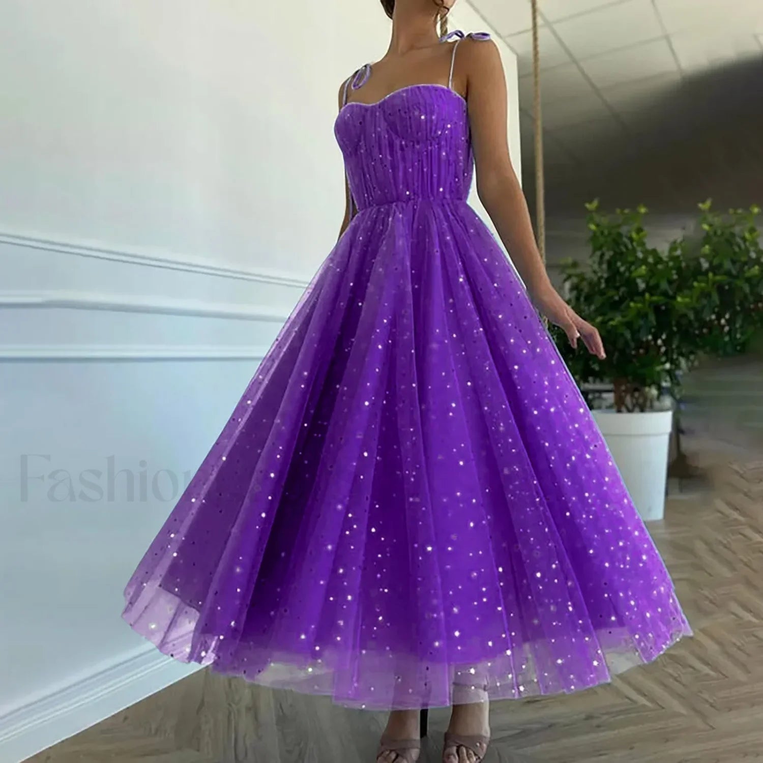 Summer Bling Stars Sequin Vintage V Neck Sexy Mesh Spaghetti Strap Tulle Vestidos Mujer Prom Dress Purple / S