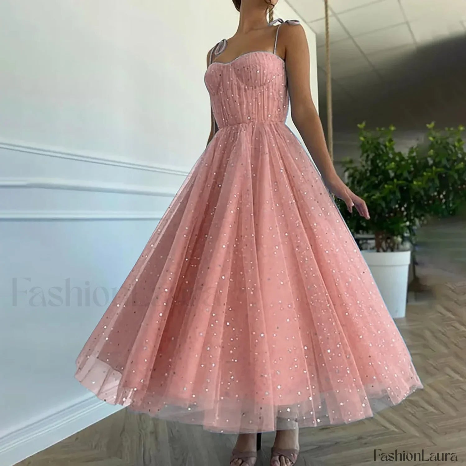 Summer Bling Stars Sequin Vintage V Neck Sexy Mesh Spaghetti Strap Tulle Vestidos Mujer Prom Dress