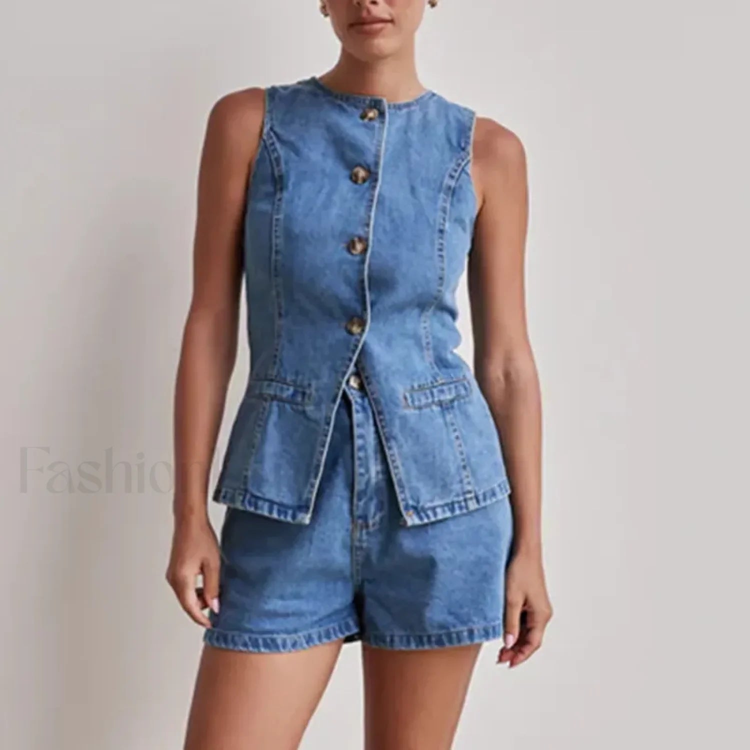 Summer Button Denim Tank Top Elastic Shorts Two Piece Set