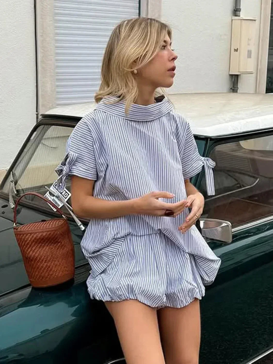 Summer Collar Pajama Shorts Two Piece Set