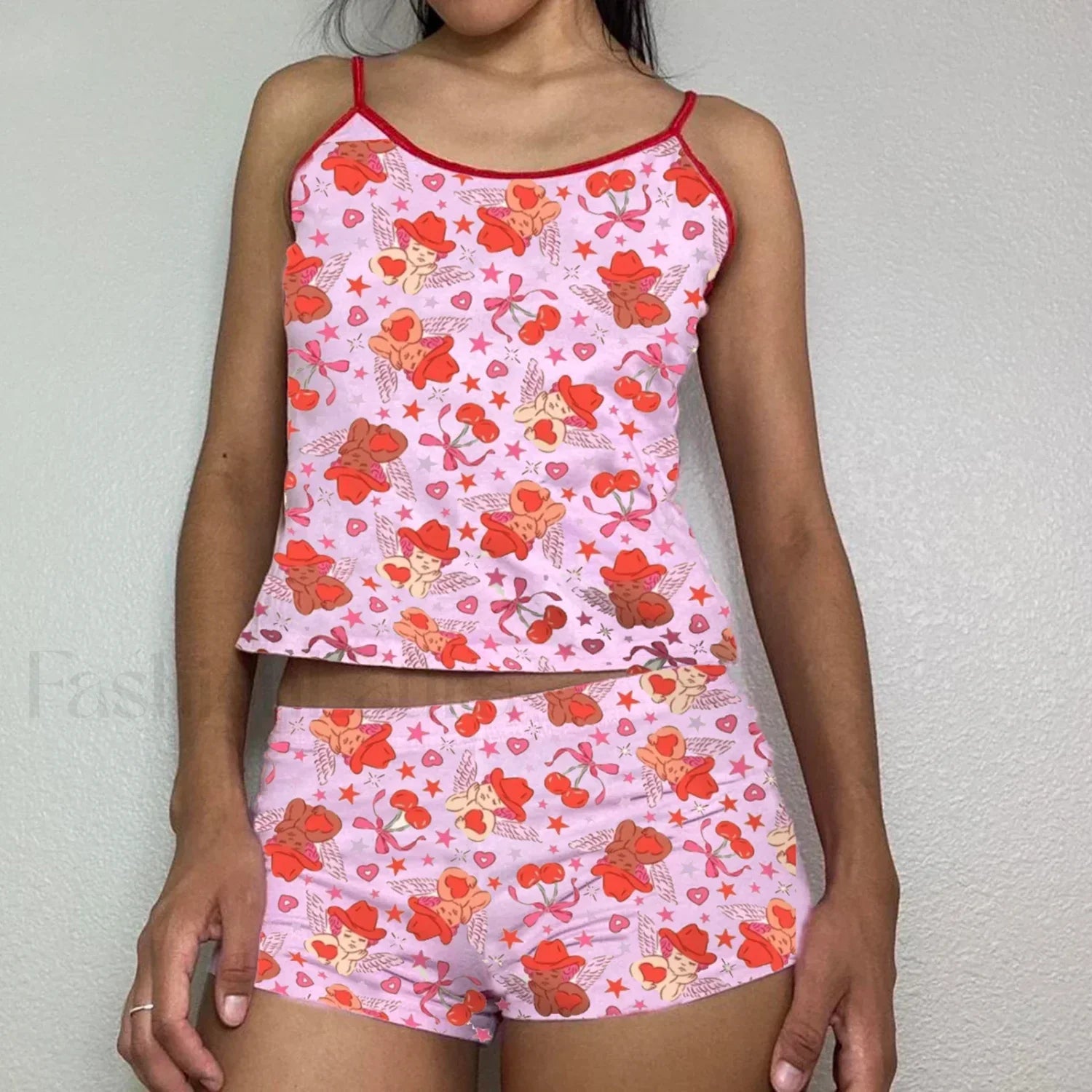 Summer Shorts Strawberry Cherry Bow Camisole Two Piece Set
