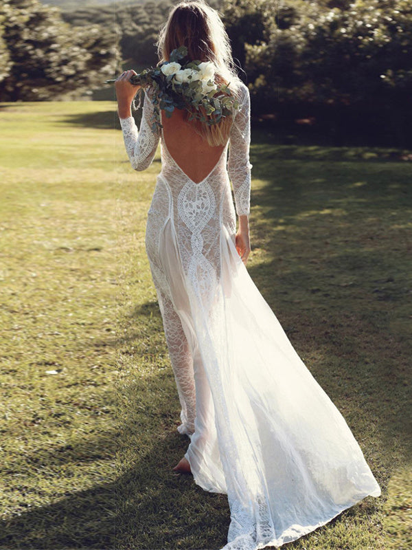 Lace Round Neck Long Sleeve High Split Maxi Wedding Dress 3
