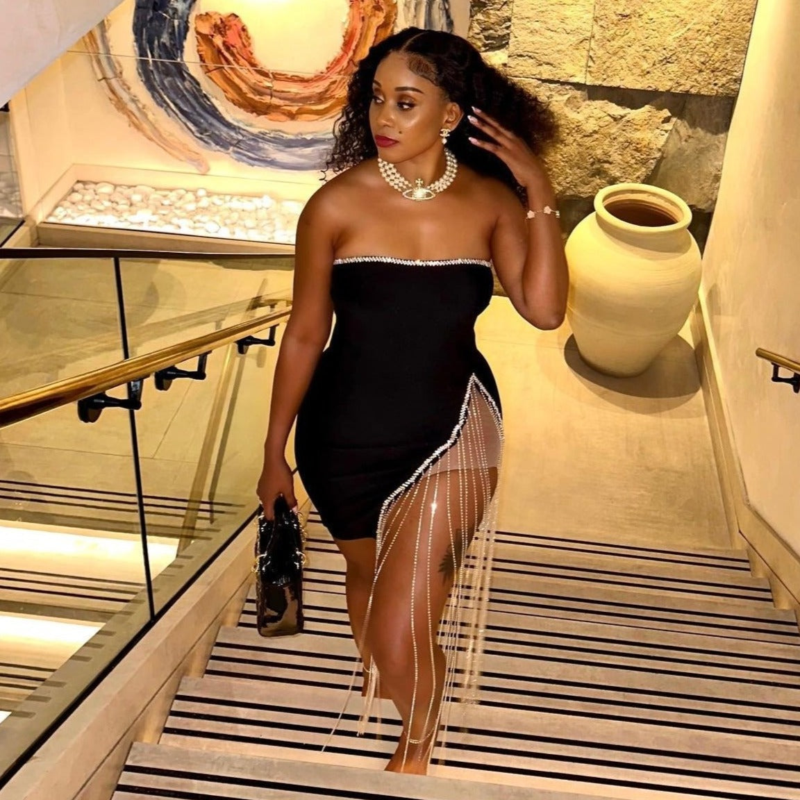 Strapless Rhinestone Trim High Split Rhinestone Fringe Bodycon Mini Dress