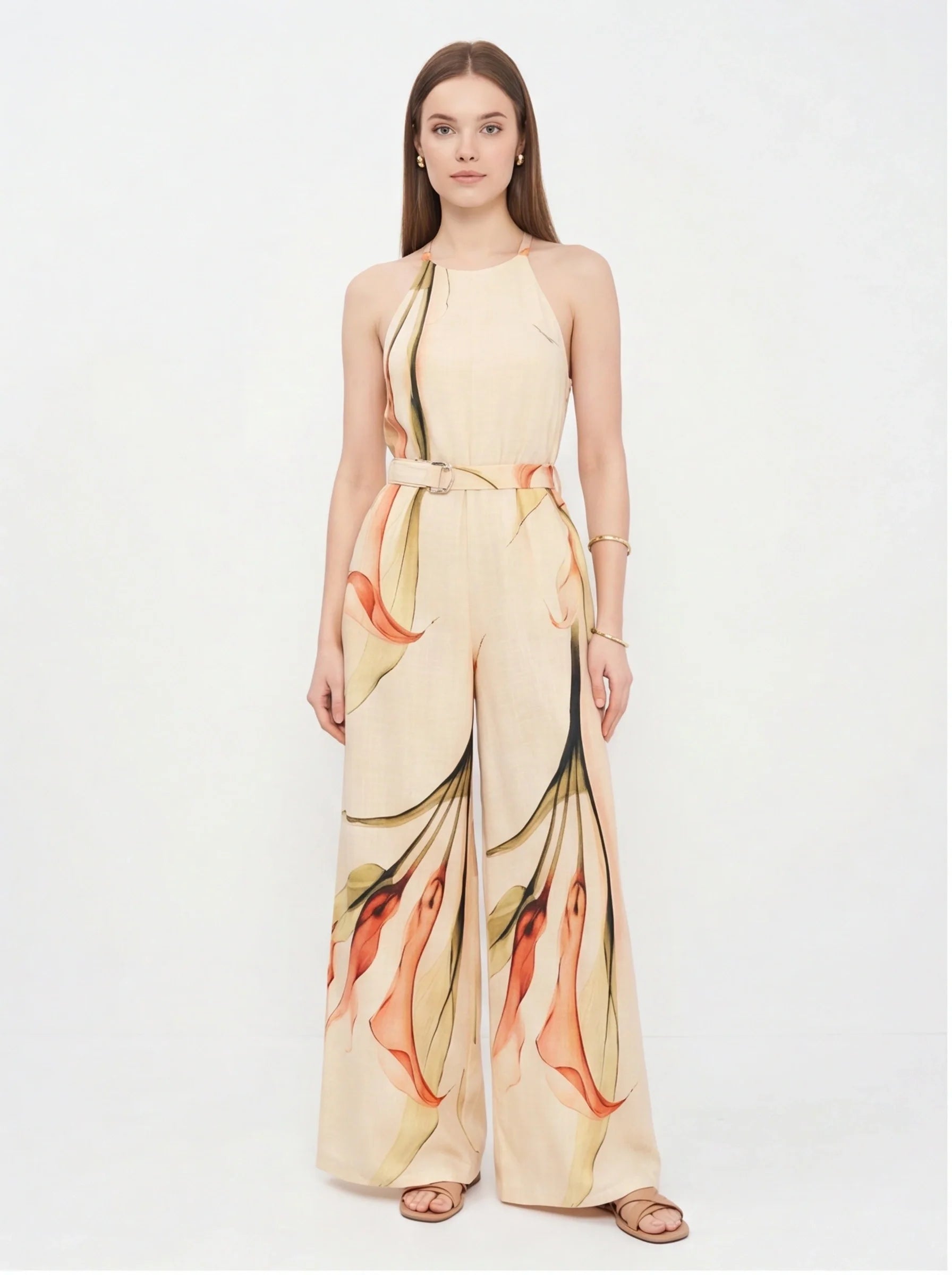 Elegant Floral Print Wide Leg Jumpsuit with Pockets & Adjustable Strap