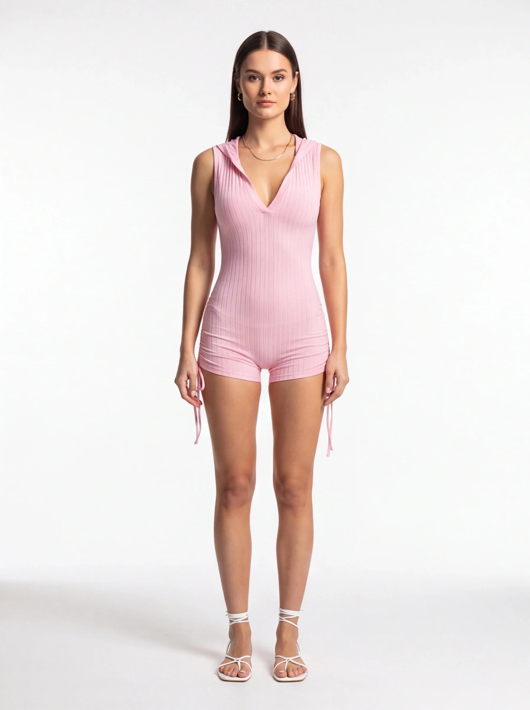 Women's Pink Ribbed Hooded Romper Slim Fit Sleeveless V-Neck Adjustable Drawstring Shorts