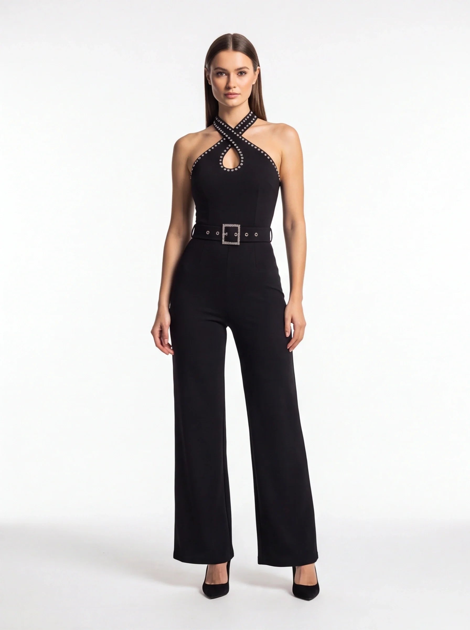 Elegant High-Waist Rhinestone Jumpsuit with Adjustable Straps