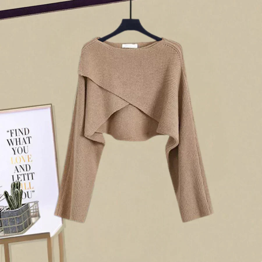 Ribbed Knit Cross Front Cropped Shrug Square Neck A-Line Two Piece Set