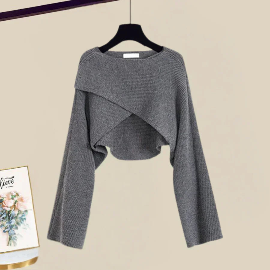 Ribbed Knit Cross Front Cropped Shrug Square Neck A-Line Two Piece Set