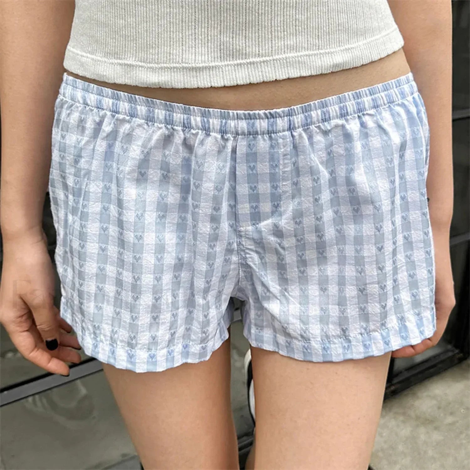 Sweet Casual Kawaii Plaid Boyshorts Lounge Aesthetic Short blue 1 / S