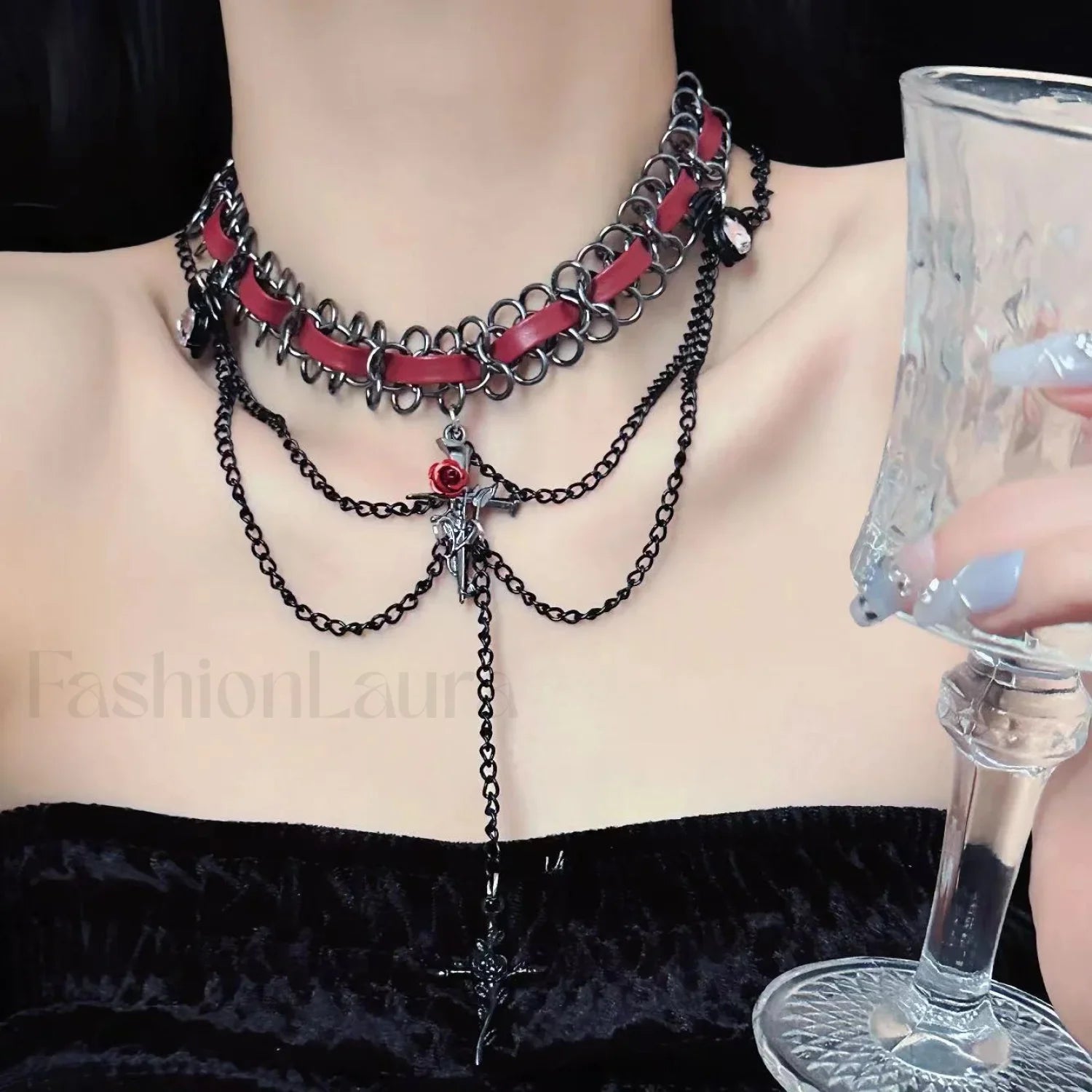 Sweet Cross Red Leather Gothic Layered Necklace