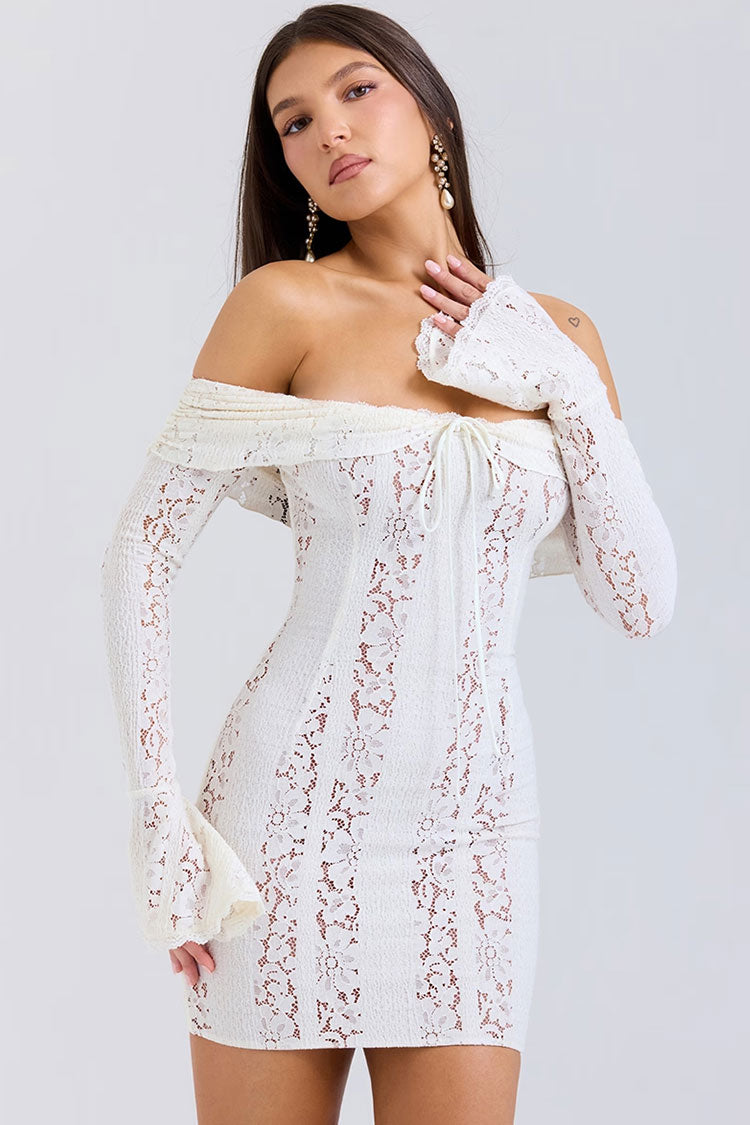 Sweet Foldover Off Shoulder Bow Tie Flared Sleeve Bodycon Lace Party Mini Dress