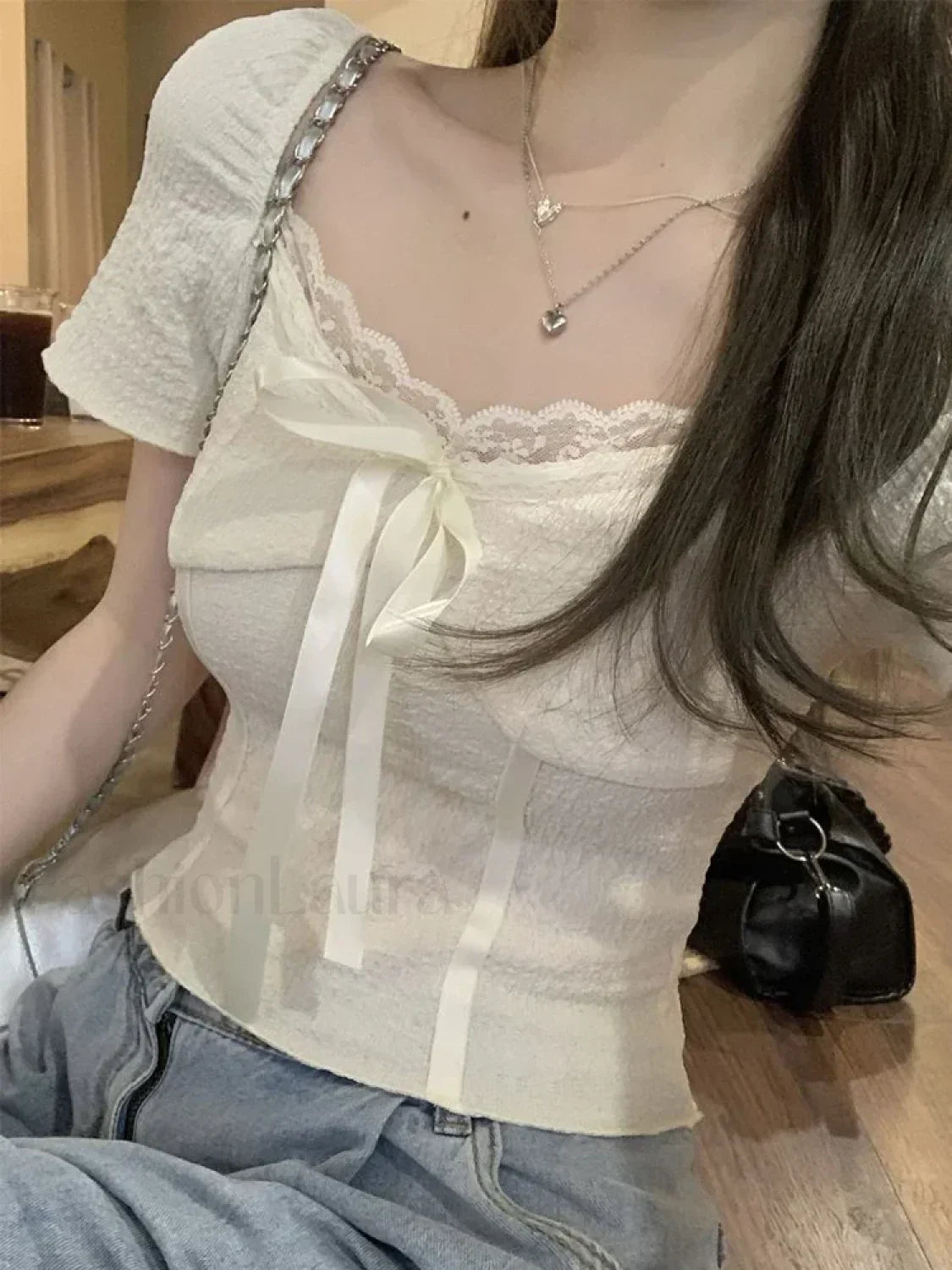 Sweet Lace Korean Kawaii Female Crop Tees Blouse