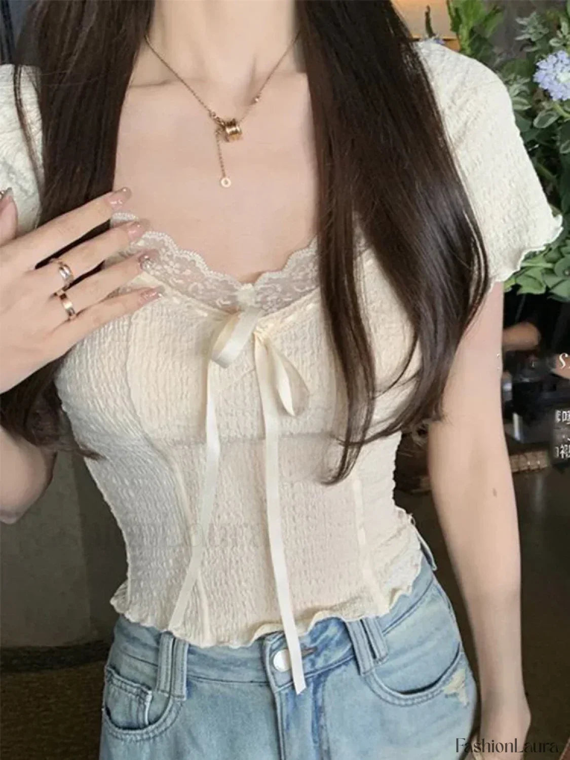 Sweet Lace Korean Kawaii Female Crop Tees Blouse