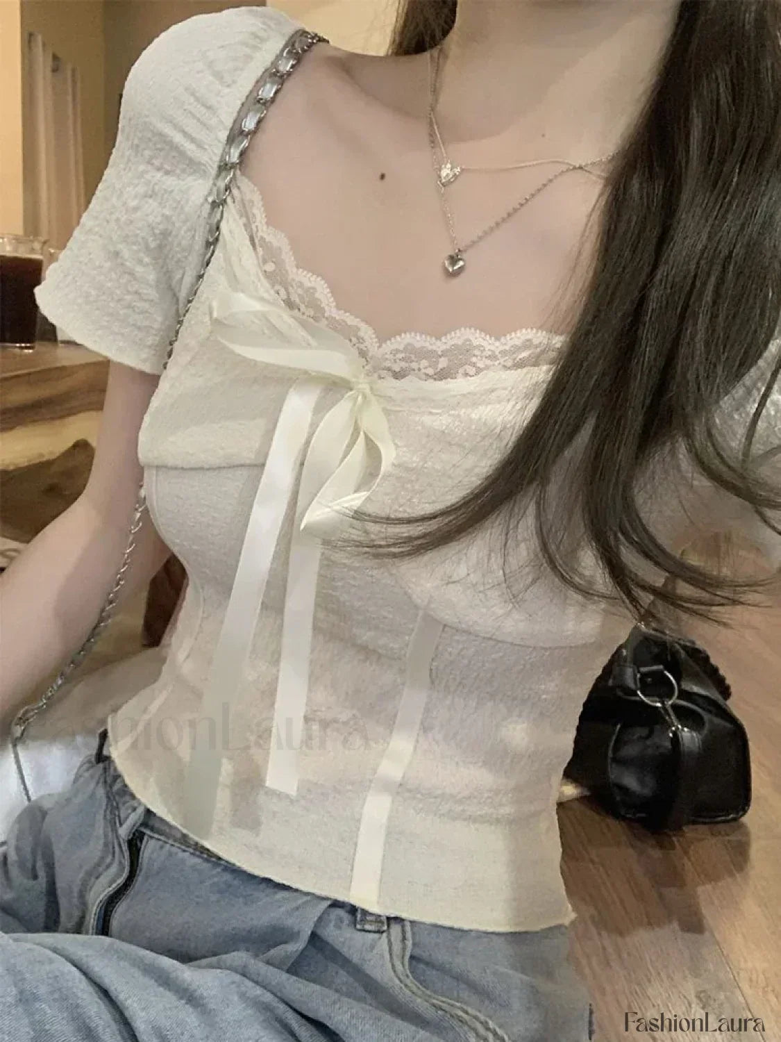 Sweet Lace Korean Kawaii Female Crop Tees Blouse